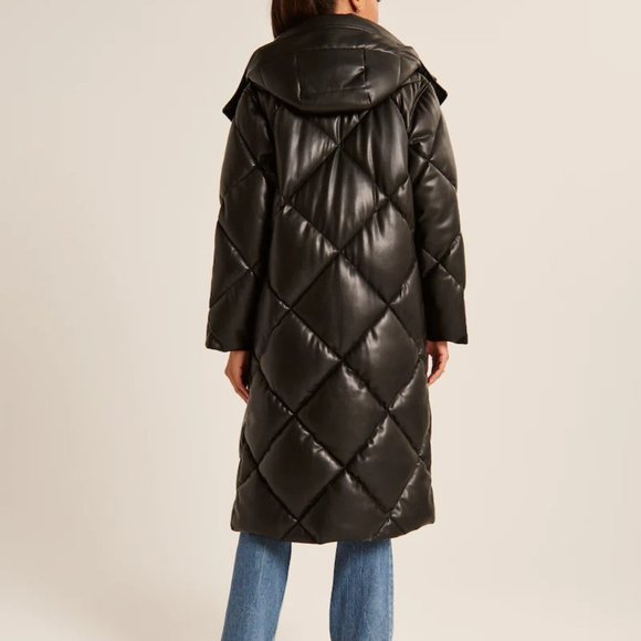 ❌SOLD ❌ NWT A&F Ultra Long Vegan Leather Quilted Puffer Coat SZ PETITE LARGE - Picture 6 of 12